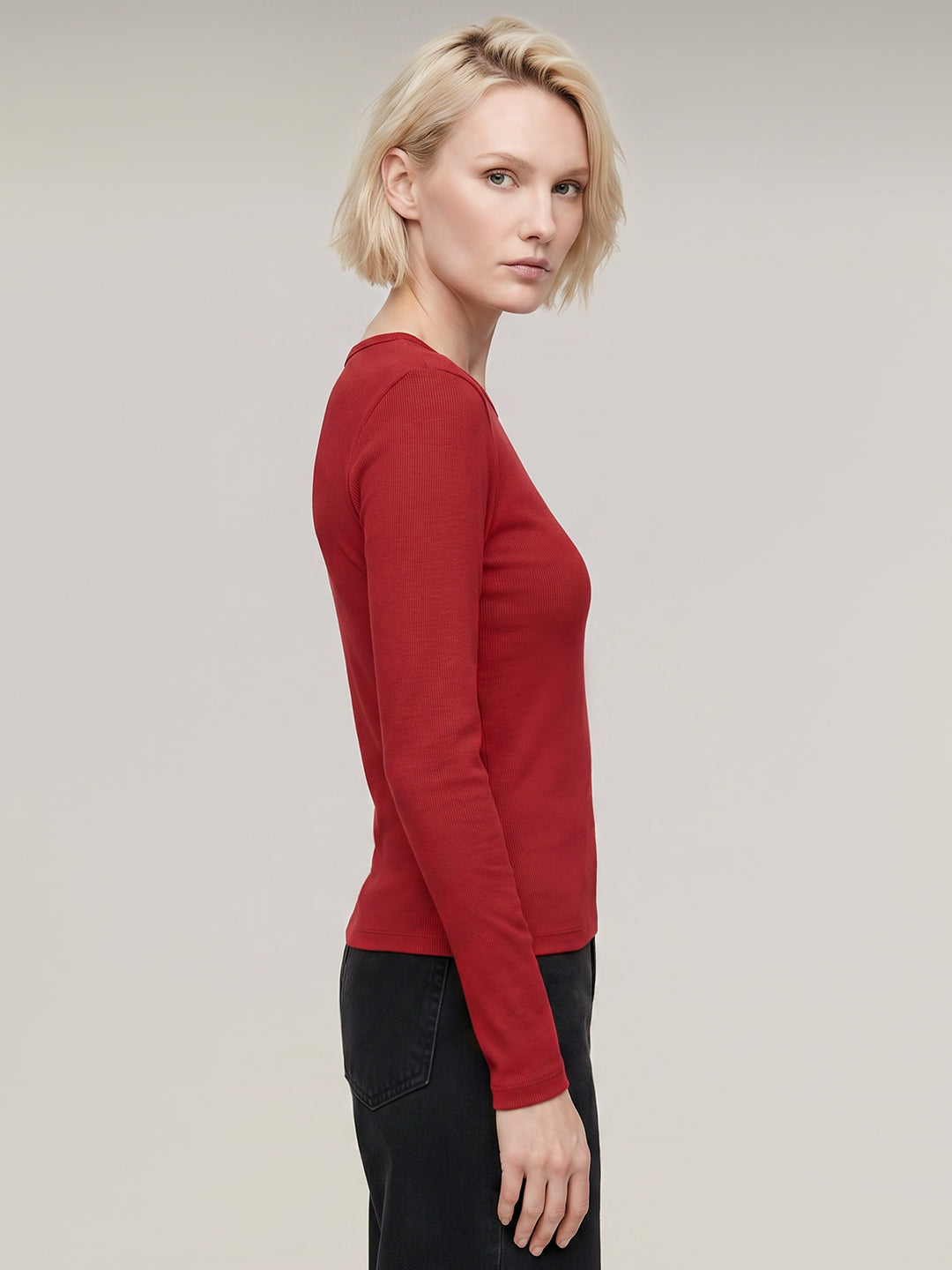 Red Ribbed Full Sleeve Top