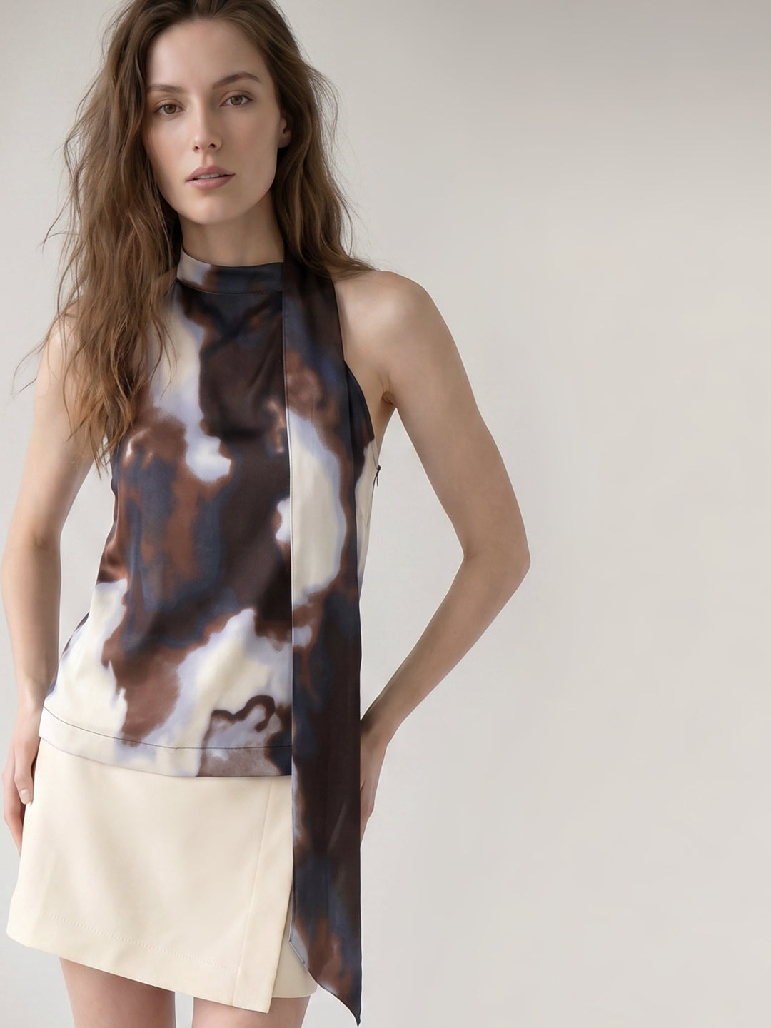 Brown Printed Scarf Top