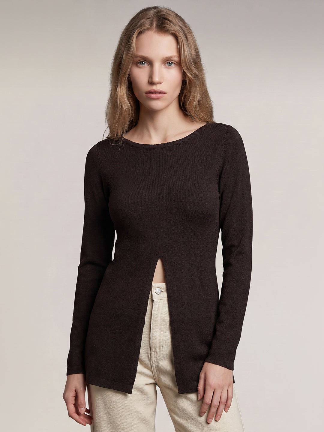 Dark Brown Boatneck Wrap Pullover