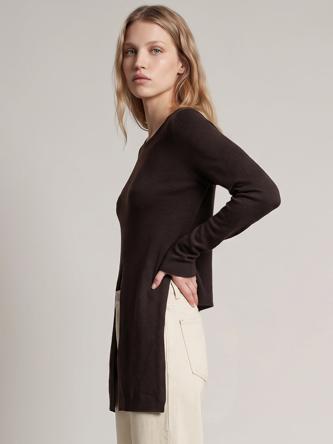 Dark Brown Boatneck Wrap Pullover
