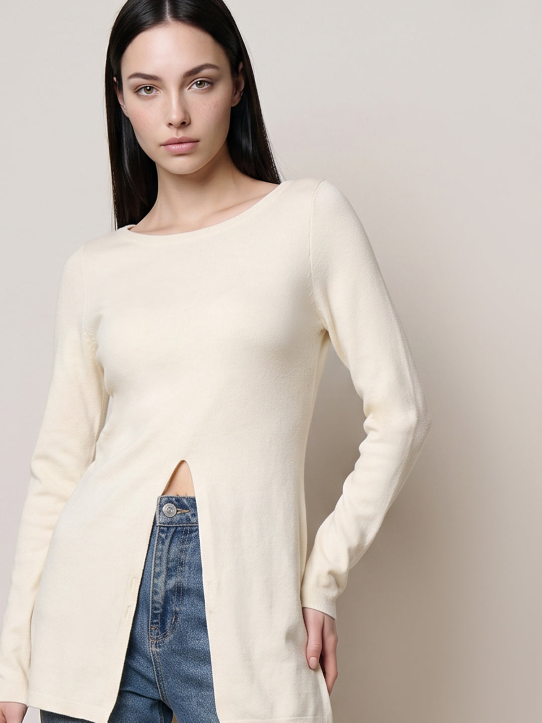 Beige Boatneck Wrap Pullover
