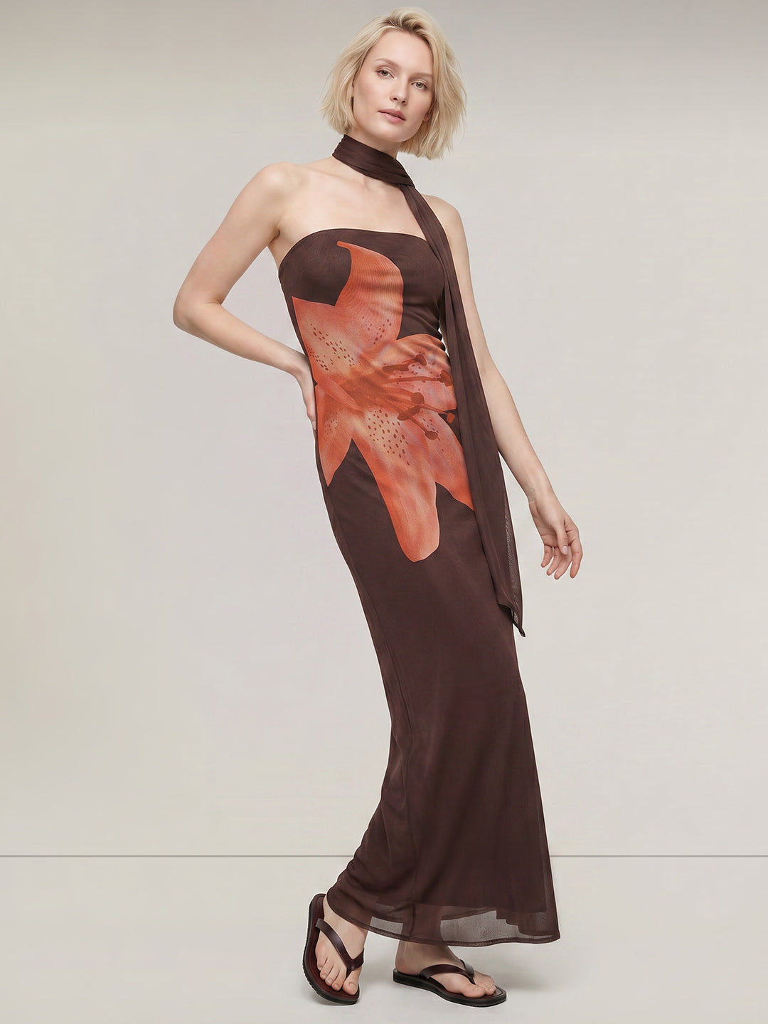 Brown Floral Scarf Maxi Dress