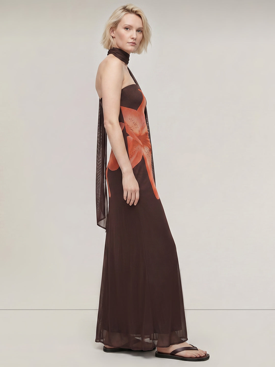 Brown Floral Scarf Maxi Dress