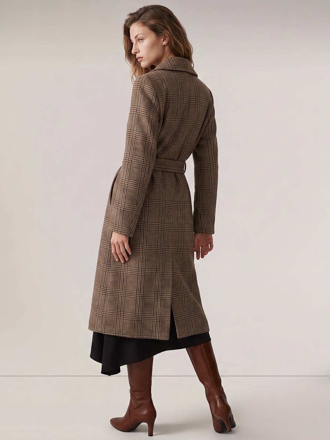 Long Wool Blend Check Coat