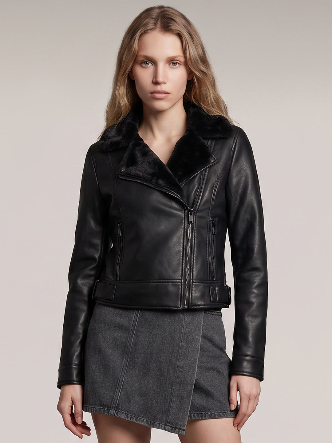 Black Faux Fur Biker Jacket