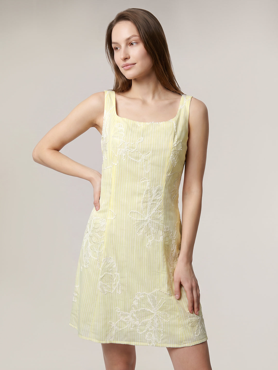 Ecru Floral Embroidered Mini Dress