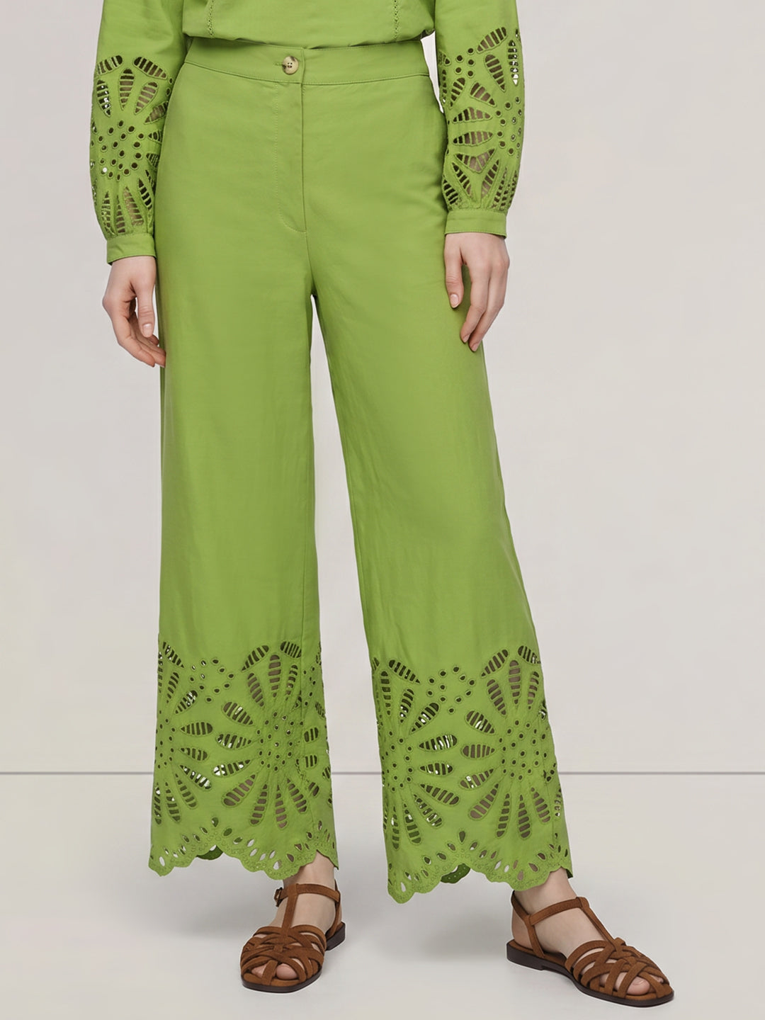 Green Cut-Work Cotton Pants