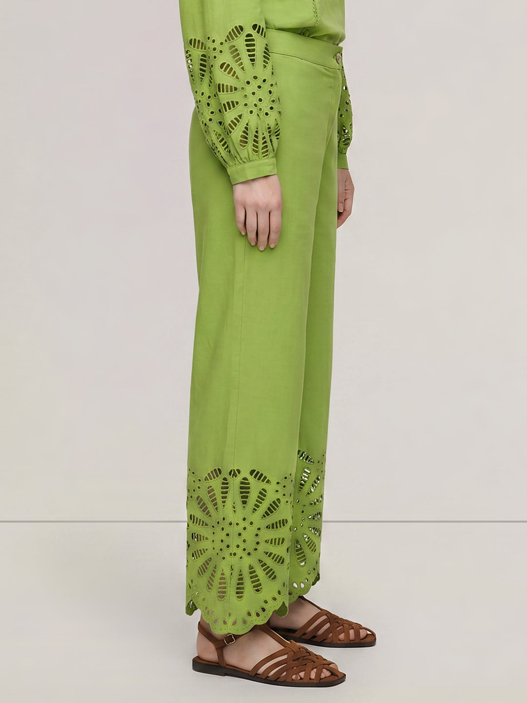 Green Cut-Work Cotton Pants