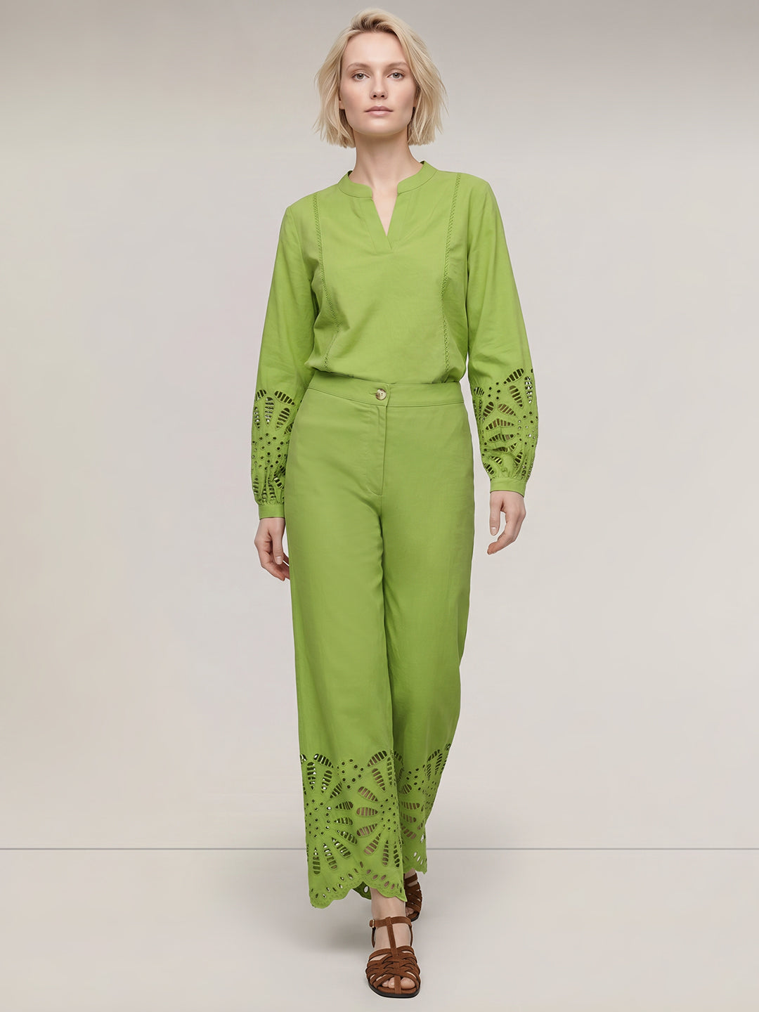 Green Cut-Work Cotton Pants