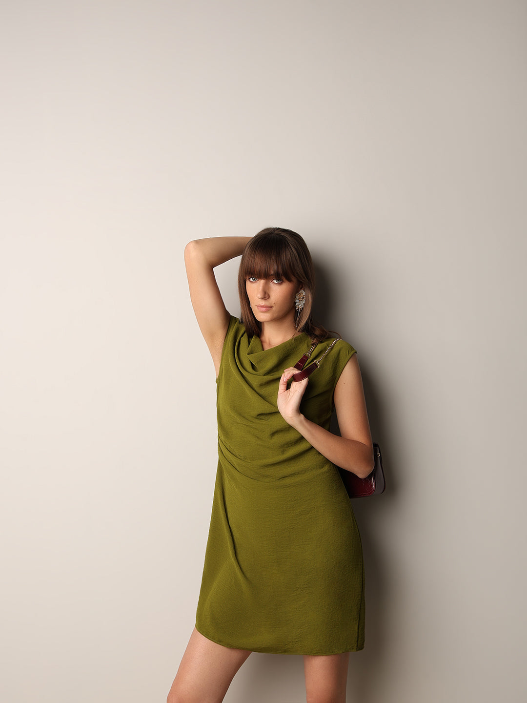 Olive Boat Neck Draped Dress