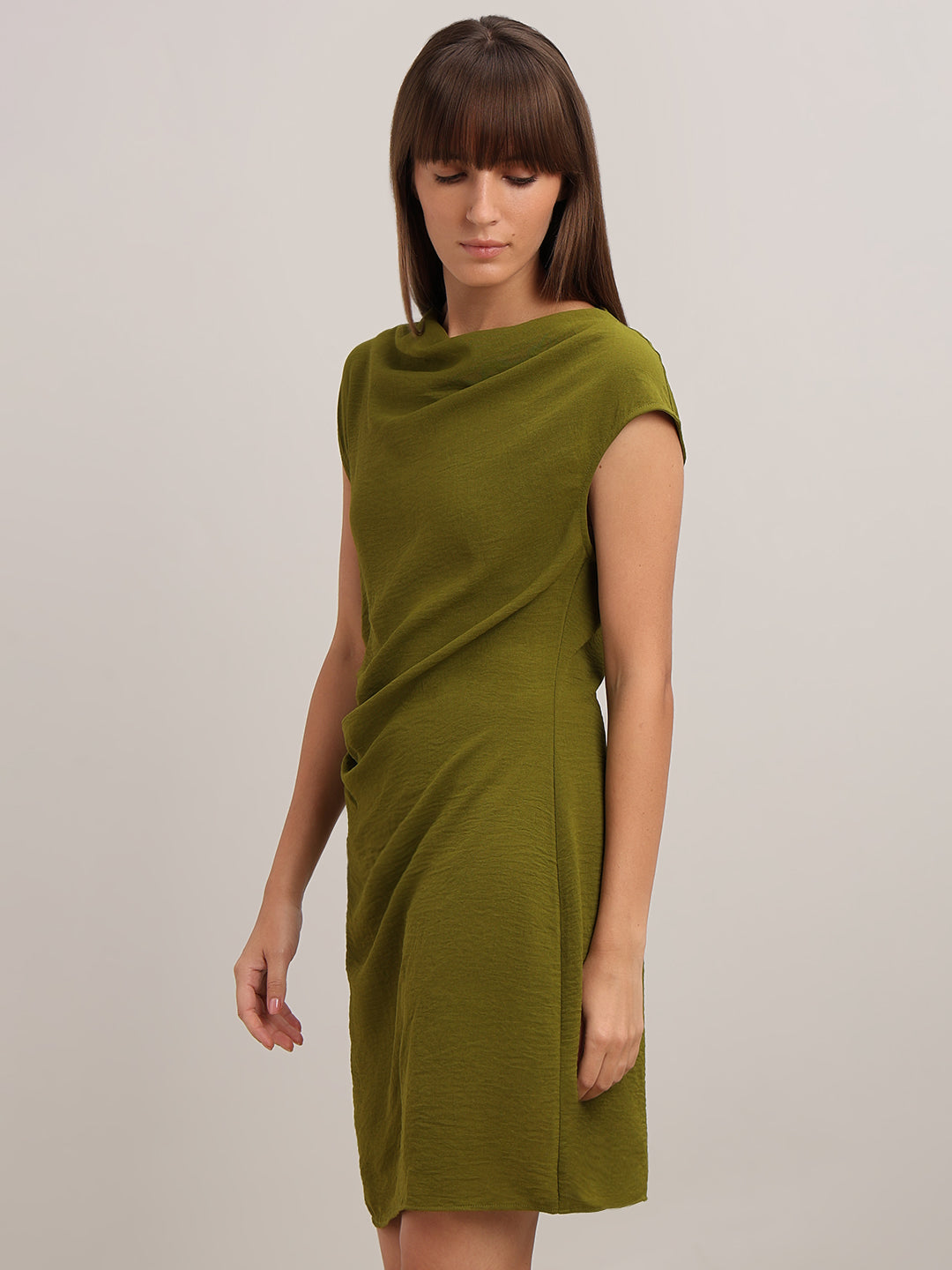 Olive Boat Neck Draped Dress