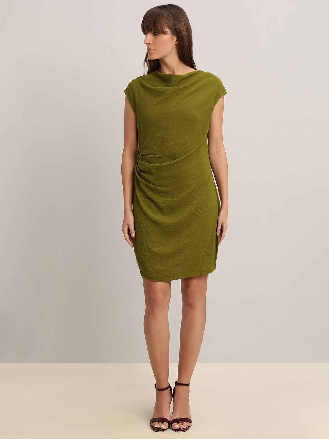 Olive Boat Neck Draped Dress