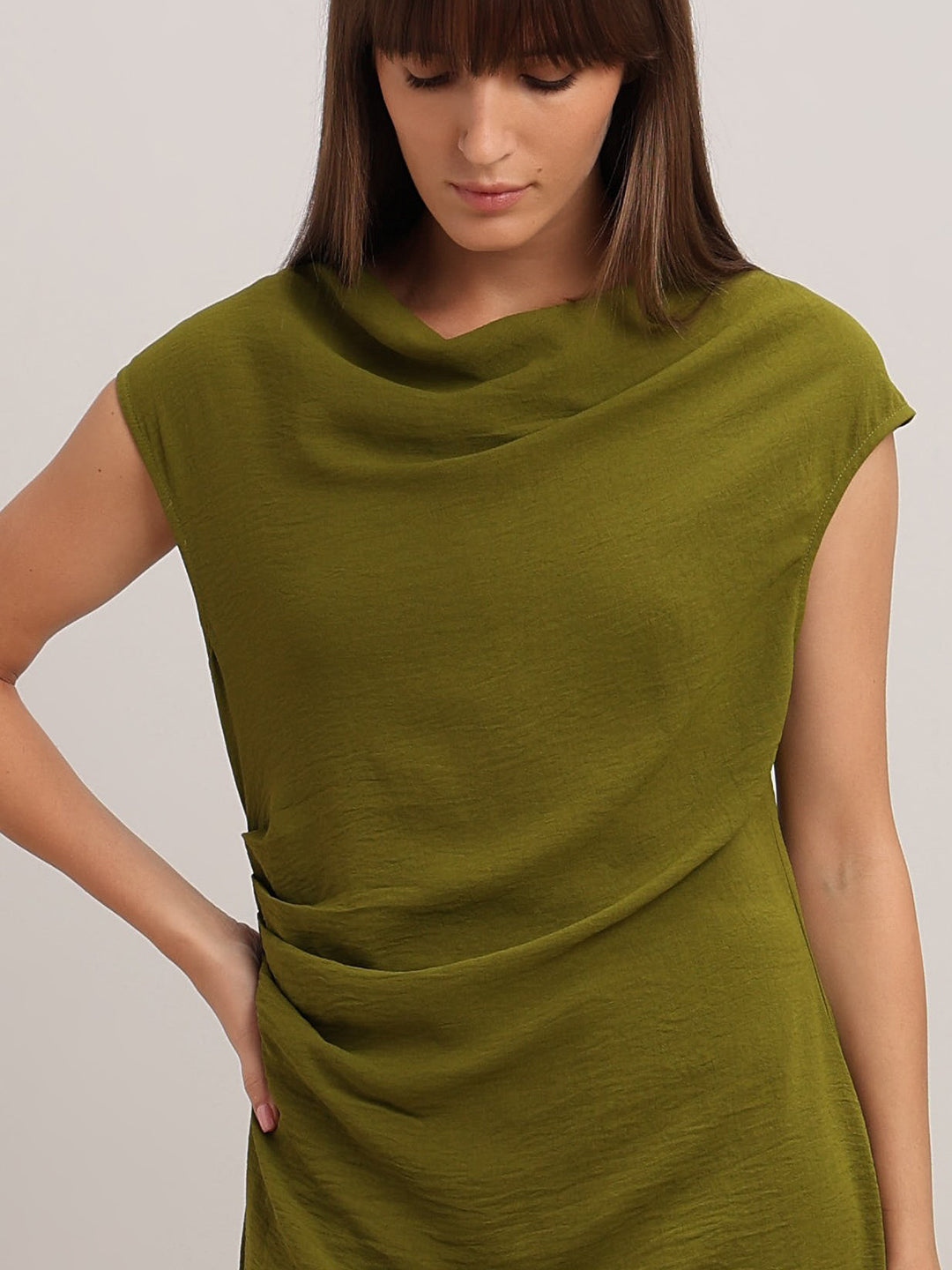 Olive Boat Neck Draped Dress