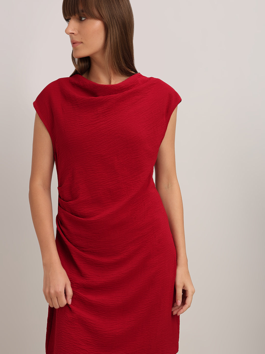 Red Boat Neck Draped Dress