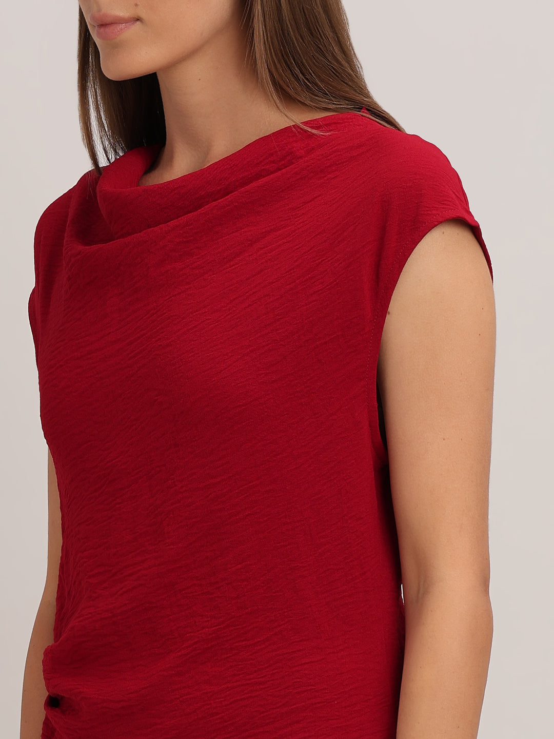 Red Boat Neck Draped Dress