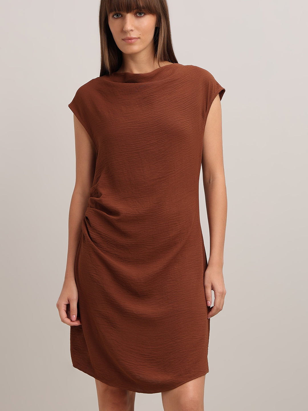 Brown Boat Neck Draped Dress