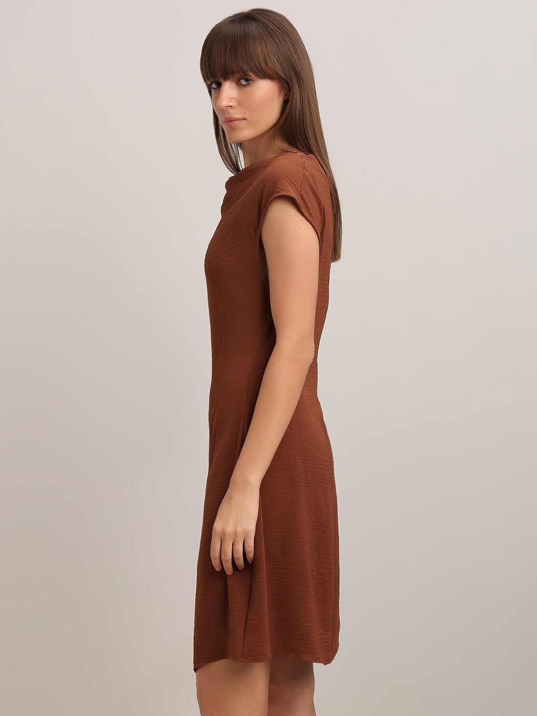 Brown Boat Neck Draped Dress