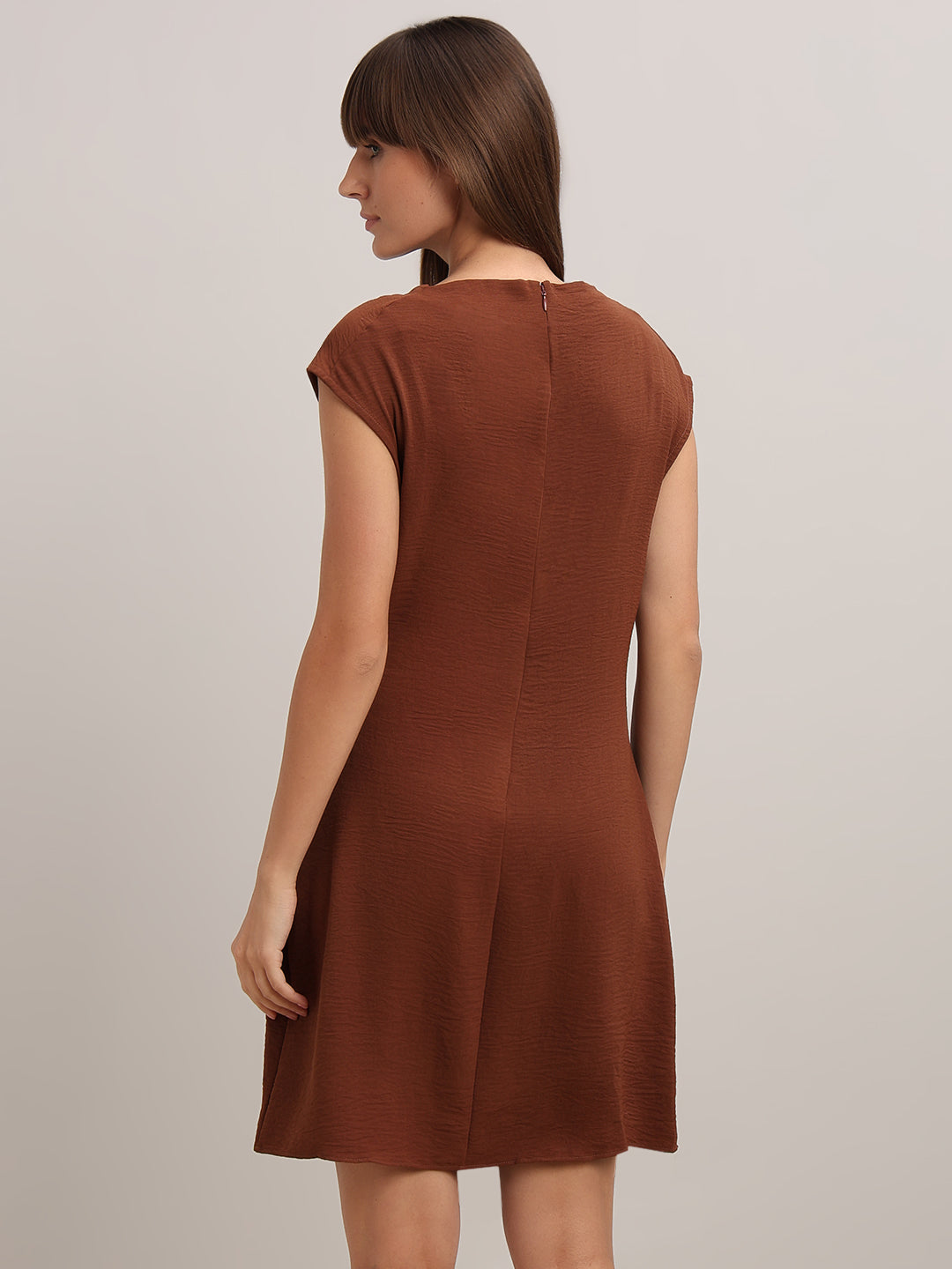Brown Boat Neck Draped Dress