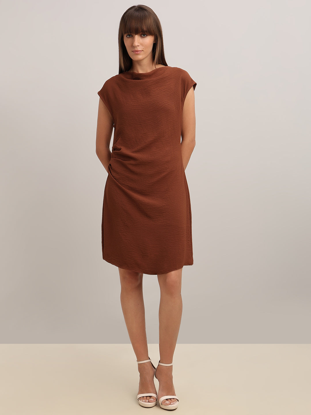 Brown Boat Neck Draped Dress