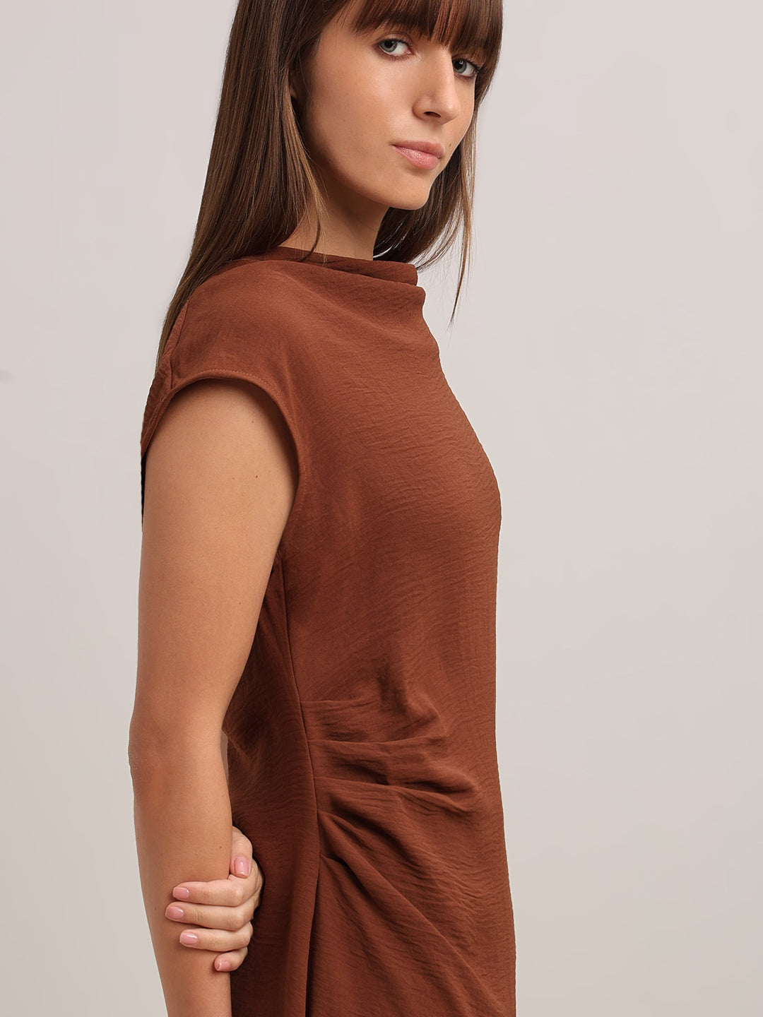 Brown Boat Neck Draped Dress