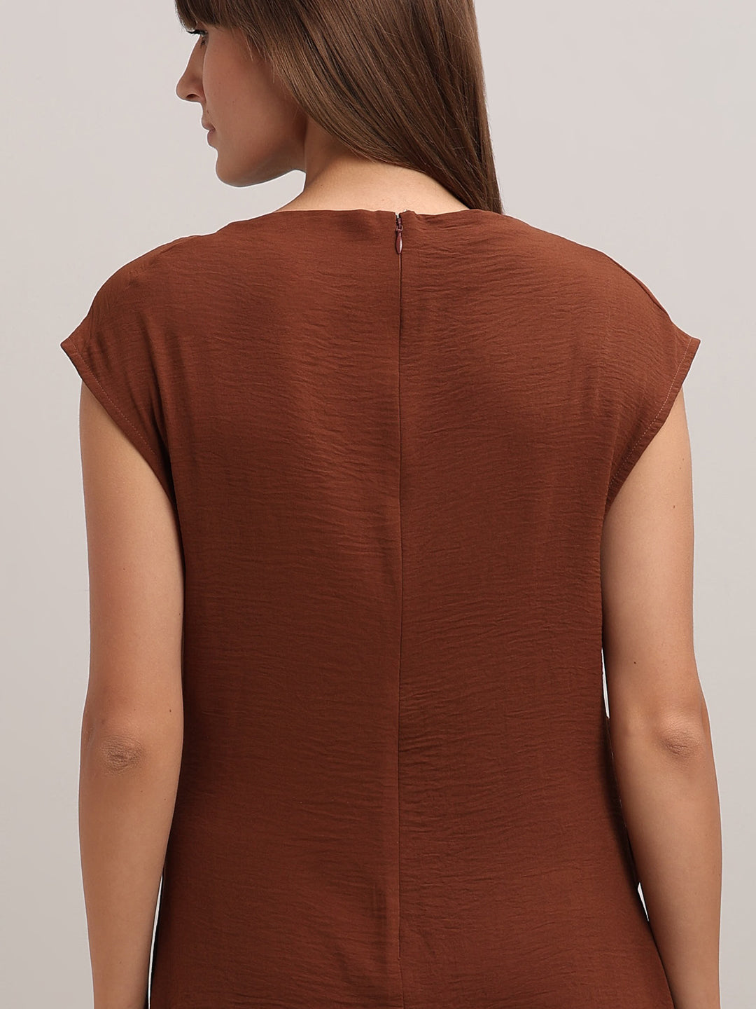 Brown Boat Neck Draped Dress