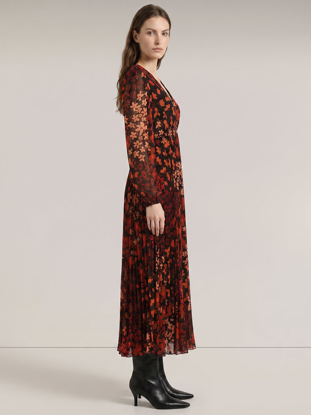 Red Floral Print Midi Dress