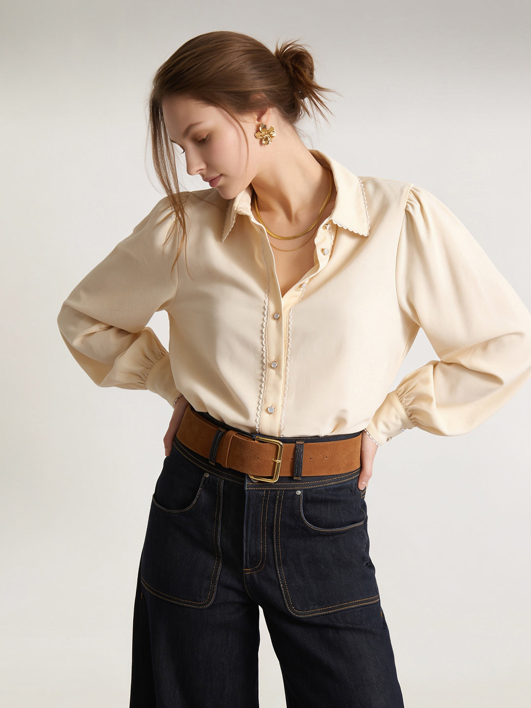 Lace Trim Puff Sleeves Shirt
