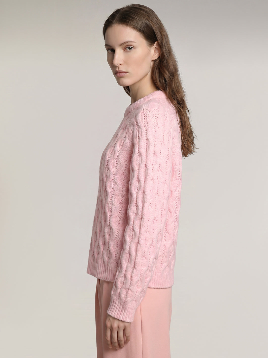 Pink Cable Knit O-Neck Pullover
