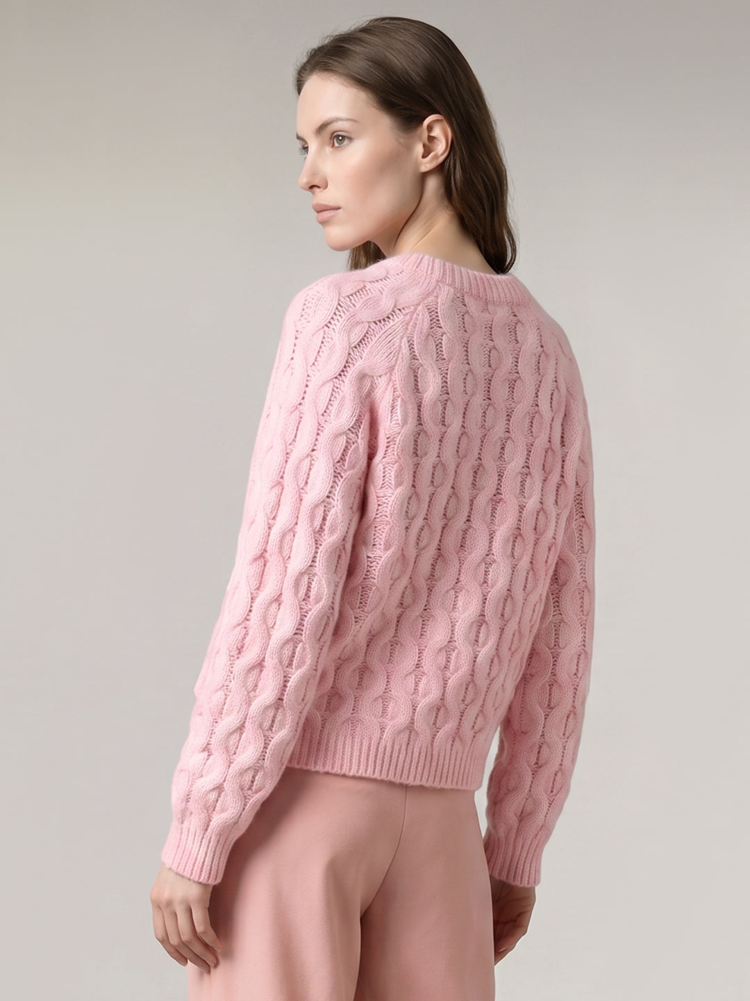 Pink Cable Knit O-Neck Pullover