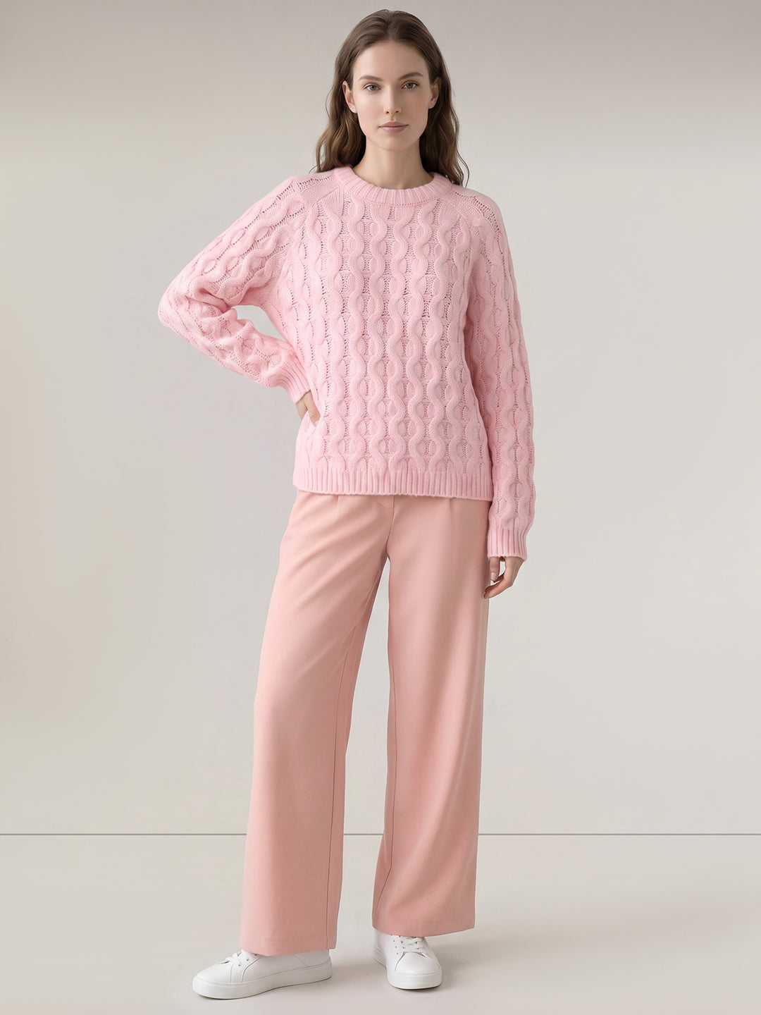 Pink Cable Knit O-Neck Pullover