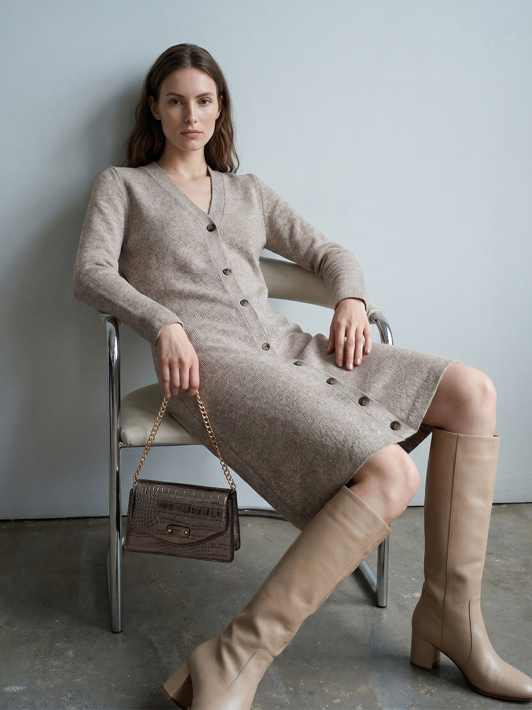 Knitted V-Neck Buttoned Dress