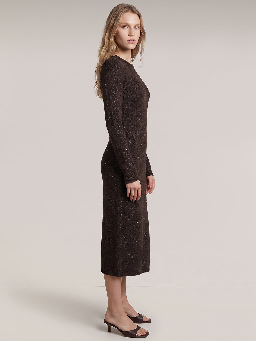 Dark Brown O-Neck Midi Dress