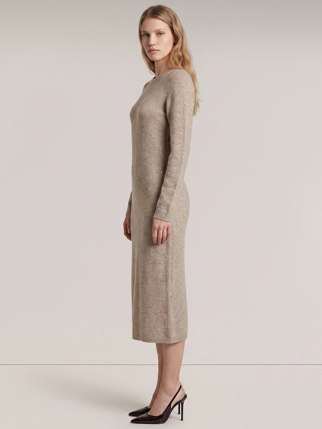 Light Beige O-Neck Midi Dress