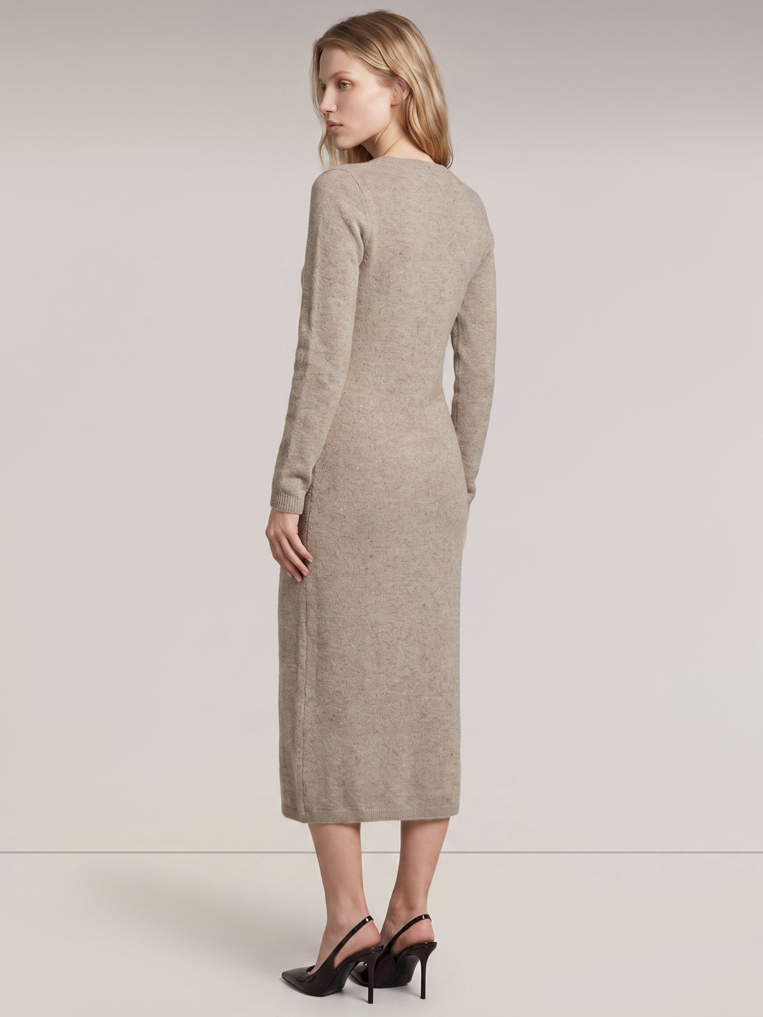 Light Beige O-Neck Midi Dress