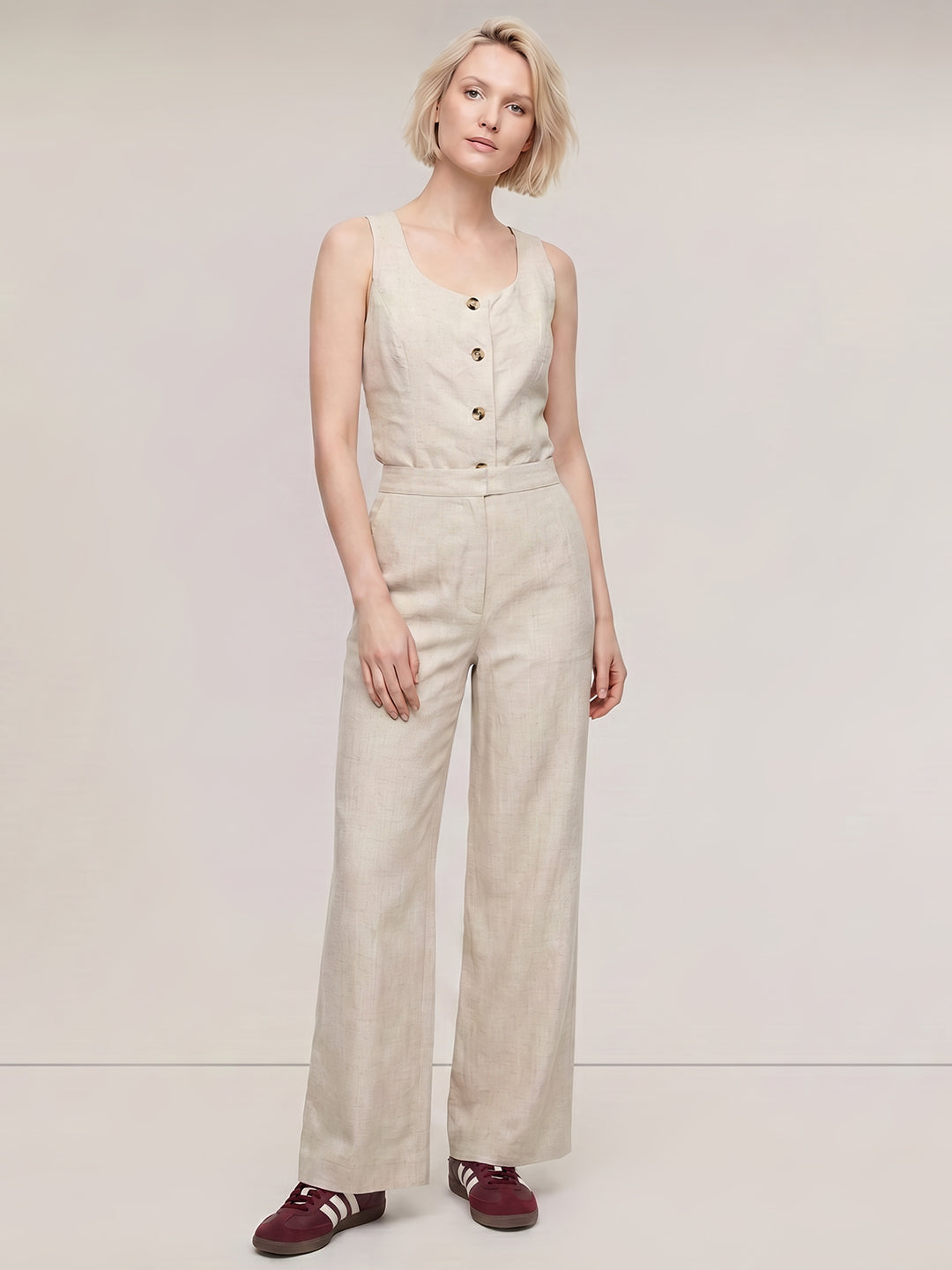 Beige Linen Blend Pants