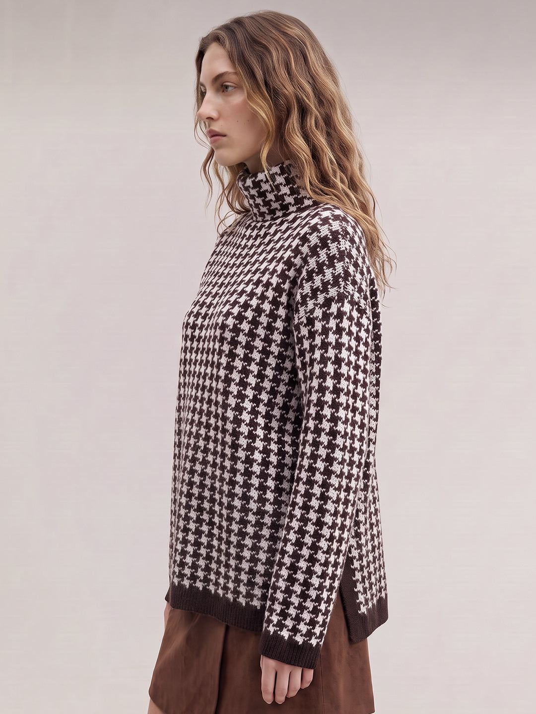Brown Printed Funnel-Neck Pullover
