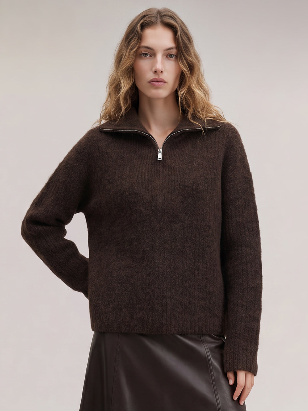 Brown Zip-Neck Pullover
