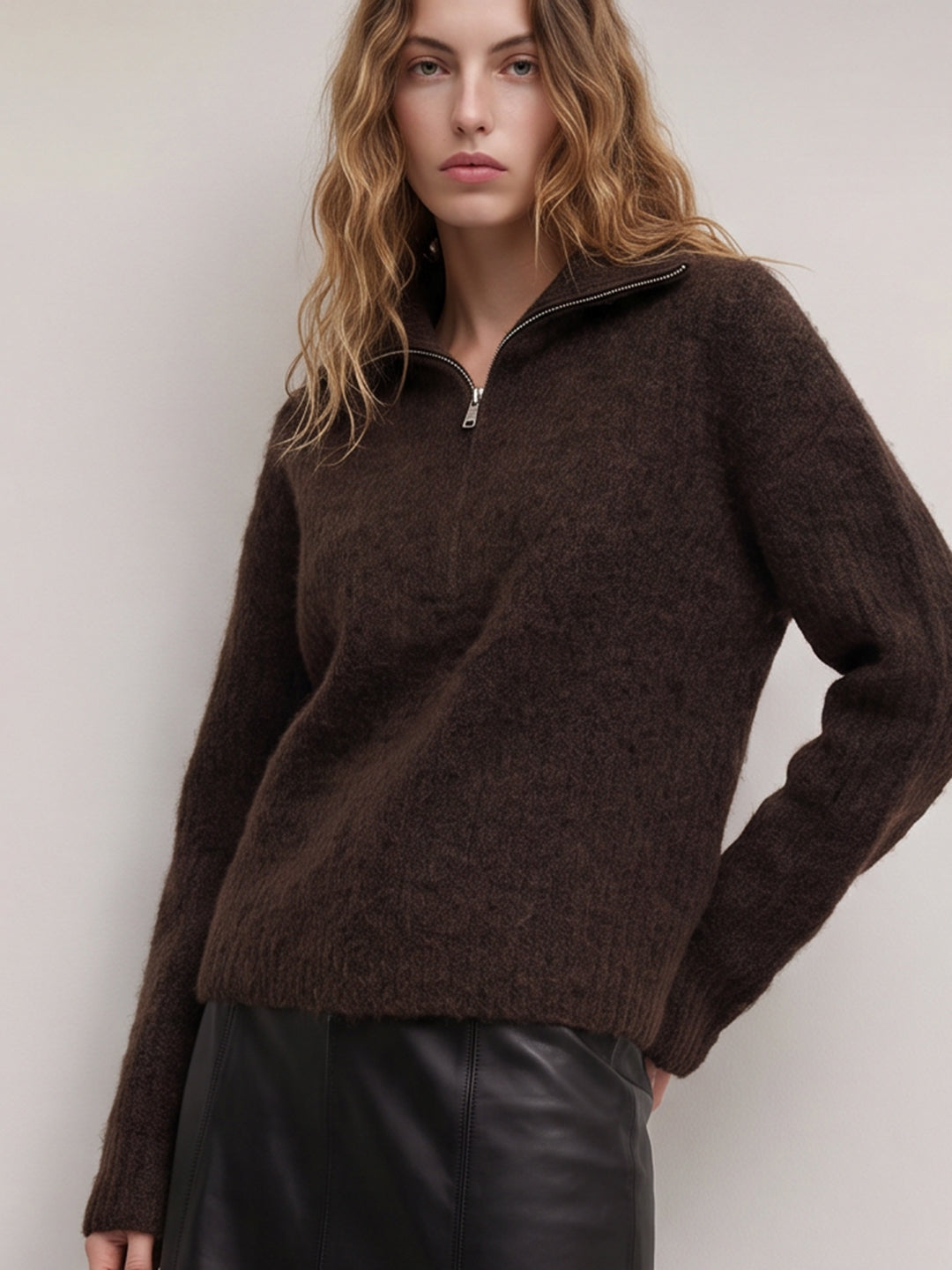Brown Zip-Neck Pullover