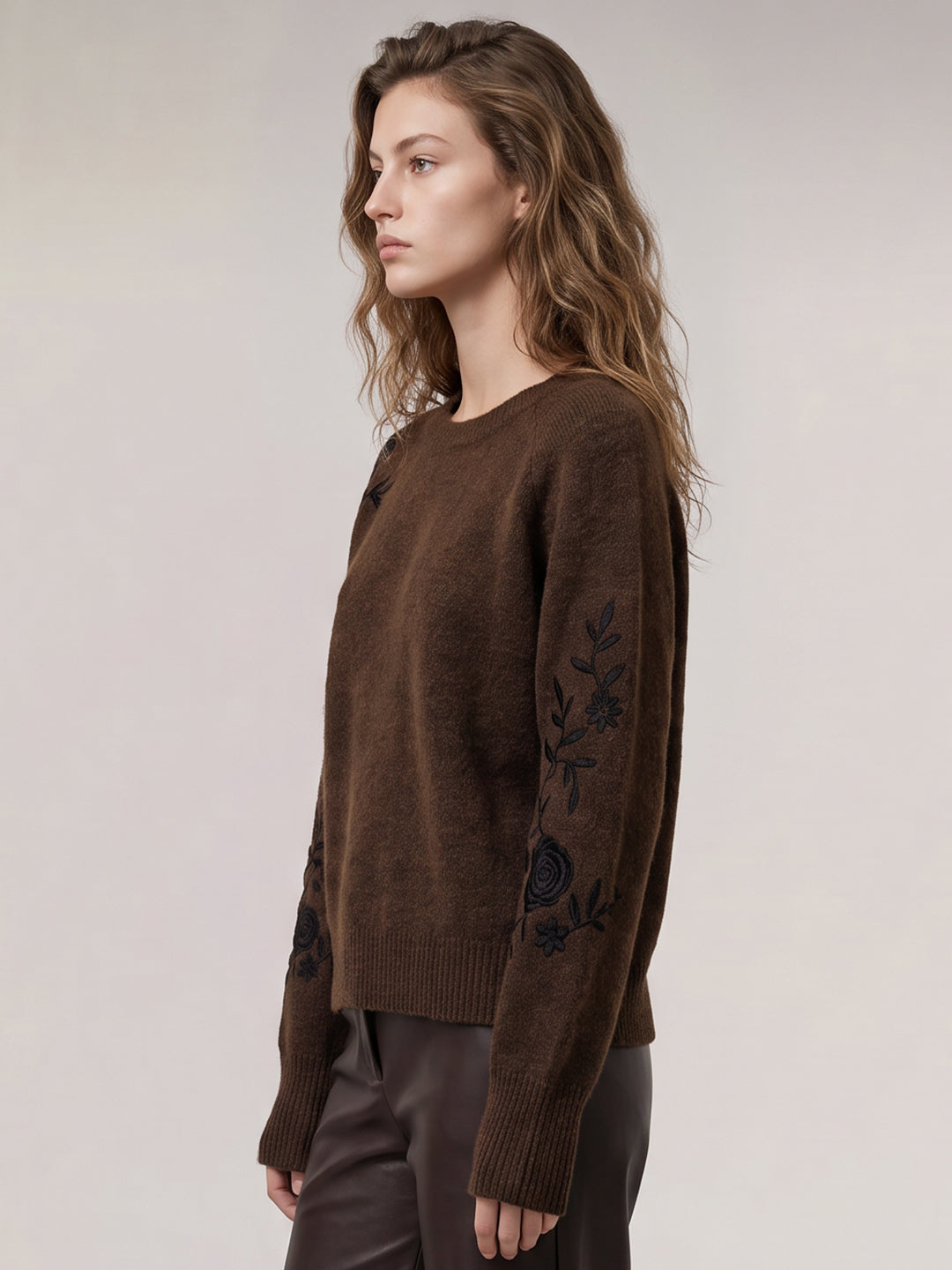 Brown Embroidered Pullover