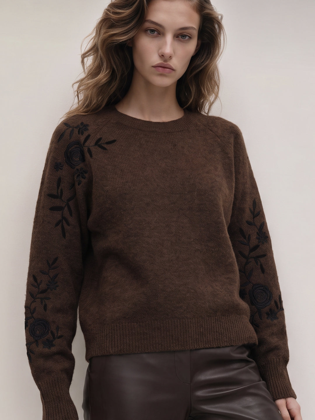 Brown Embroidered Pullover
