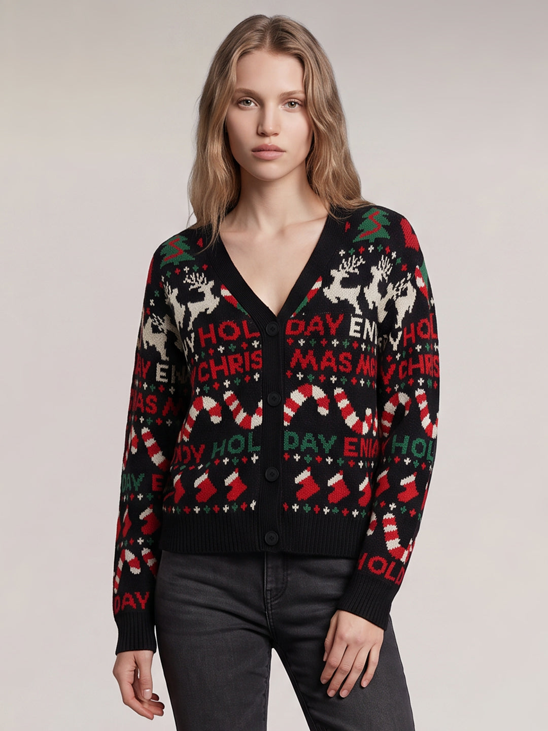 Black Printed V-Neck Cardigan