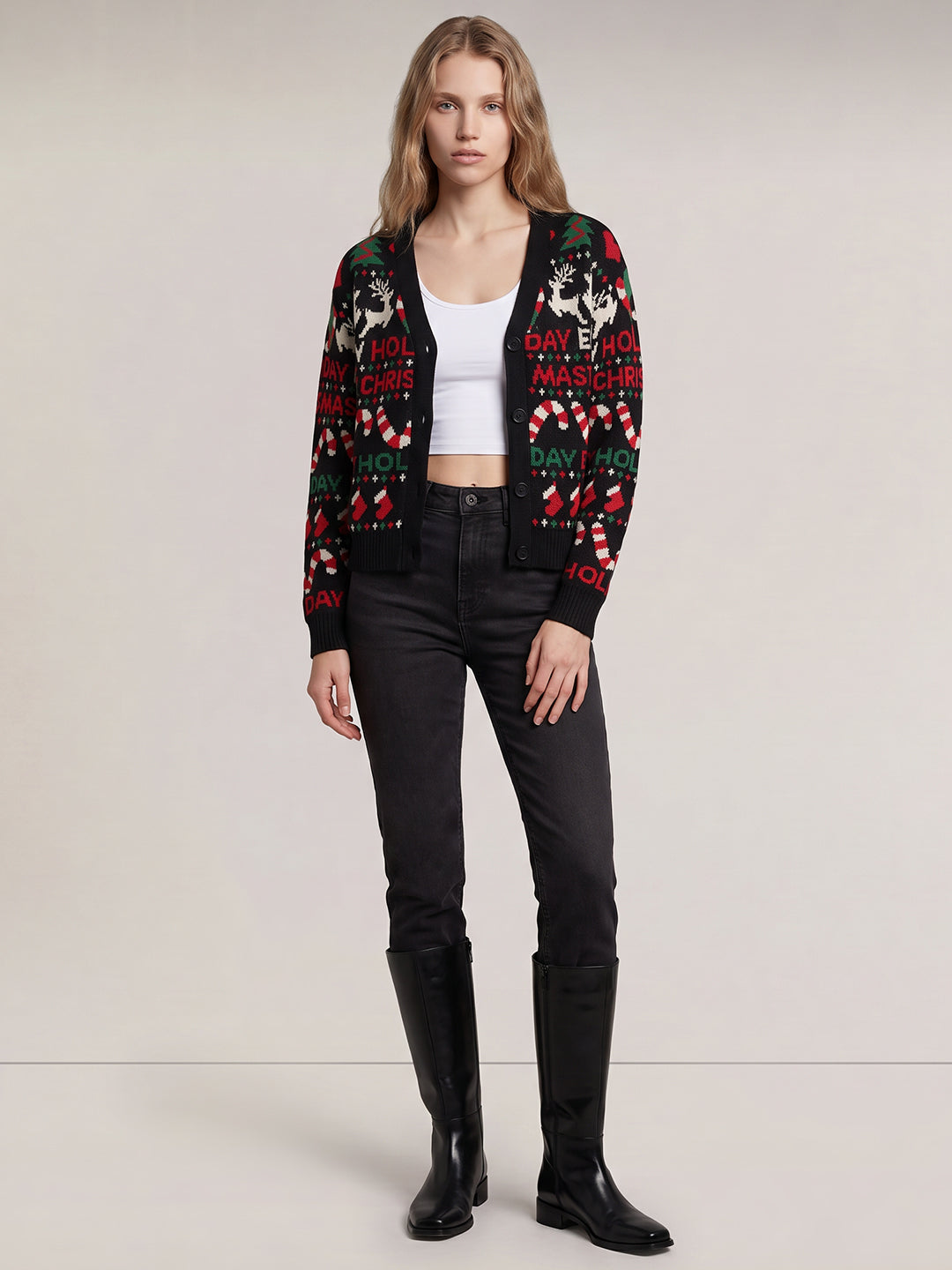 Black Printed V-Neck Cardigan
