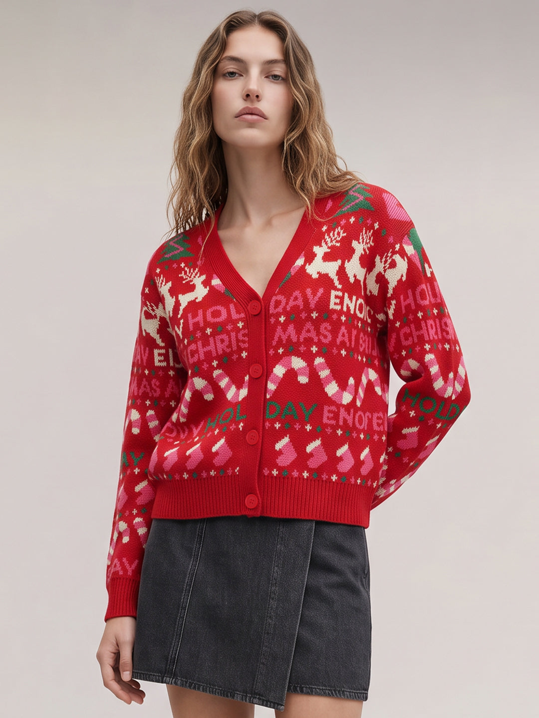 Red Printed V-Neck Cardigan