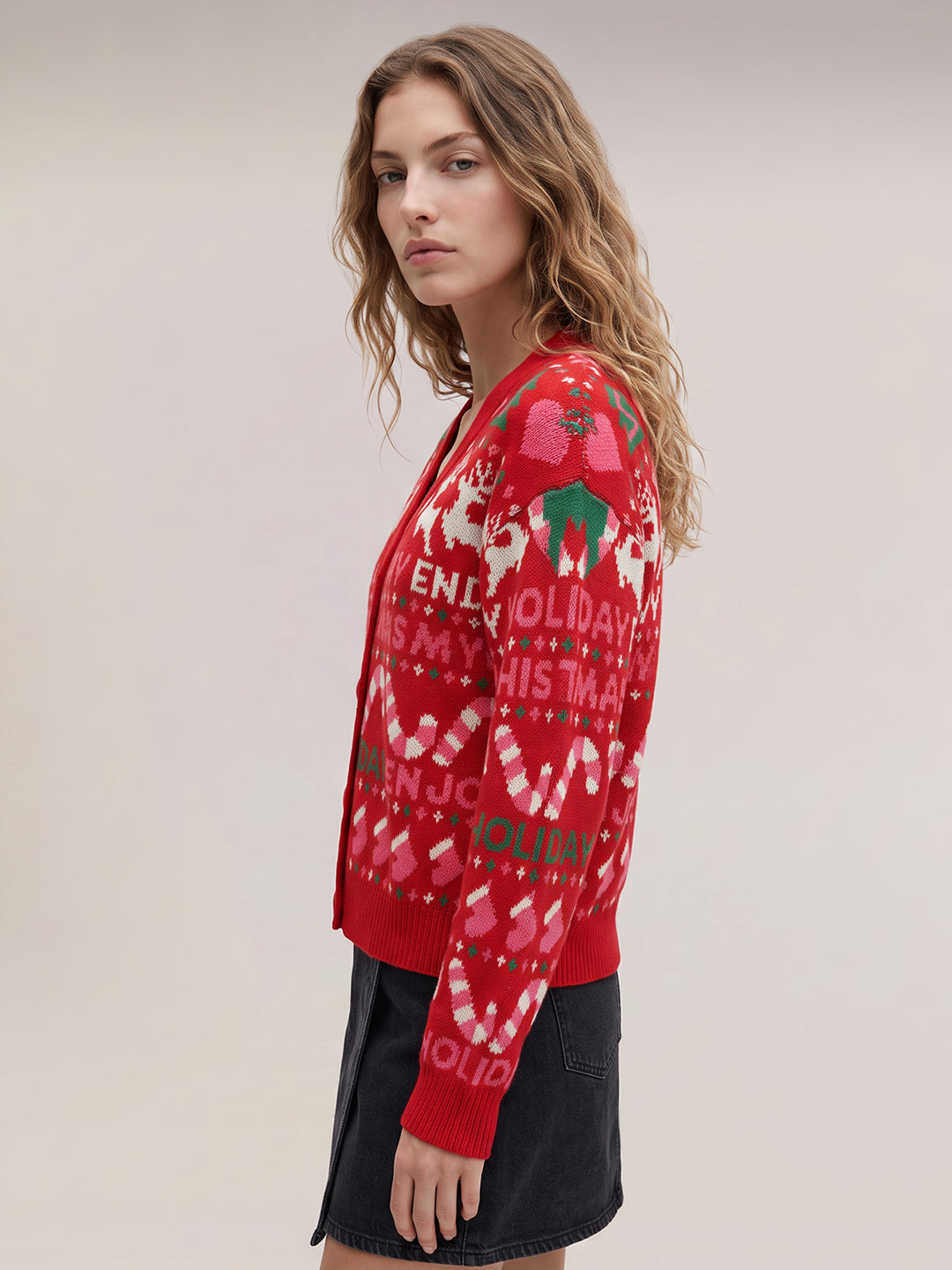 Red Printed V-Neck Cardigan