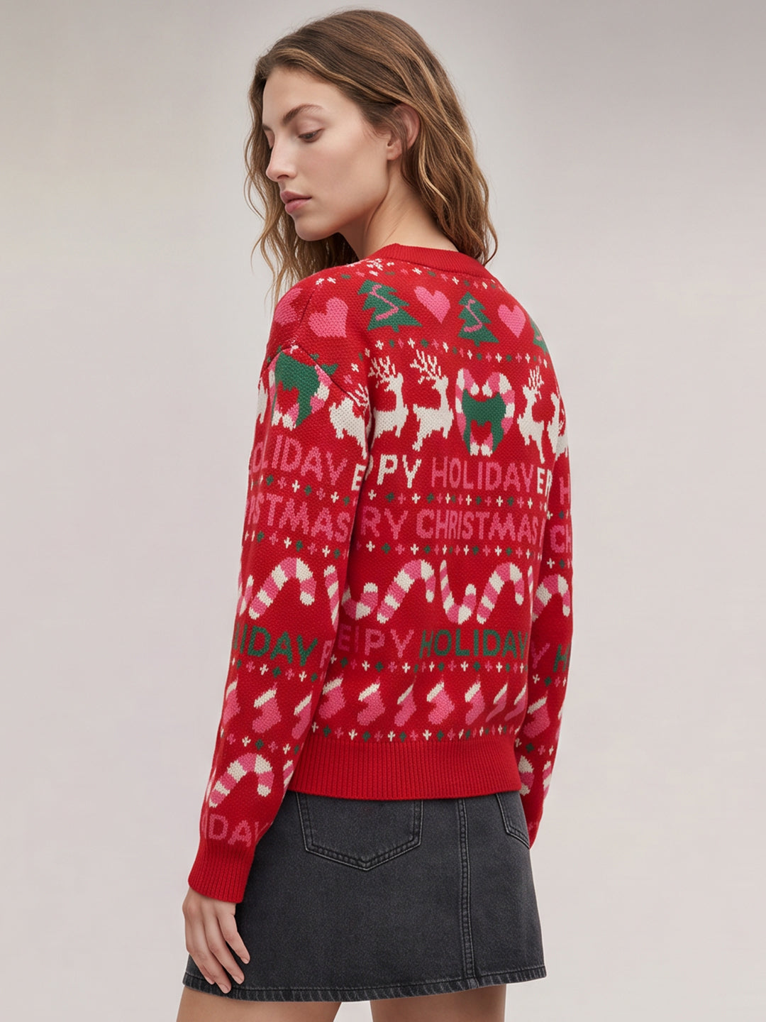 Red Printed V-Neck Cardigan