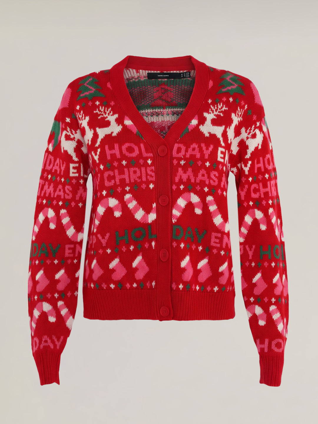Red Printed V-Neck Cardigan