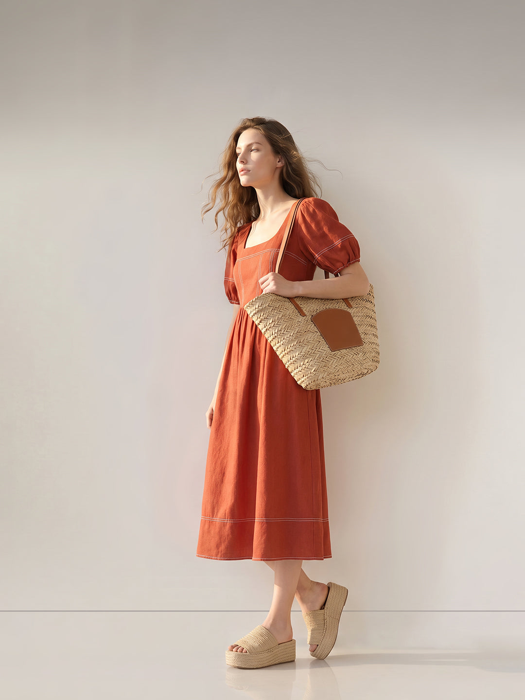 Rust Contrast Stitch Midi Dress