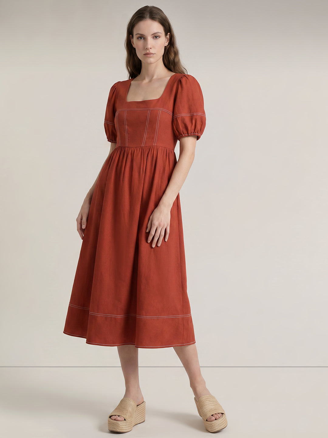 Rust Contrast Stitch Midi Dress
