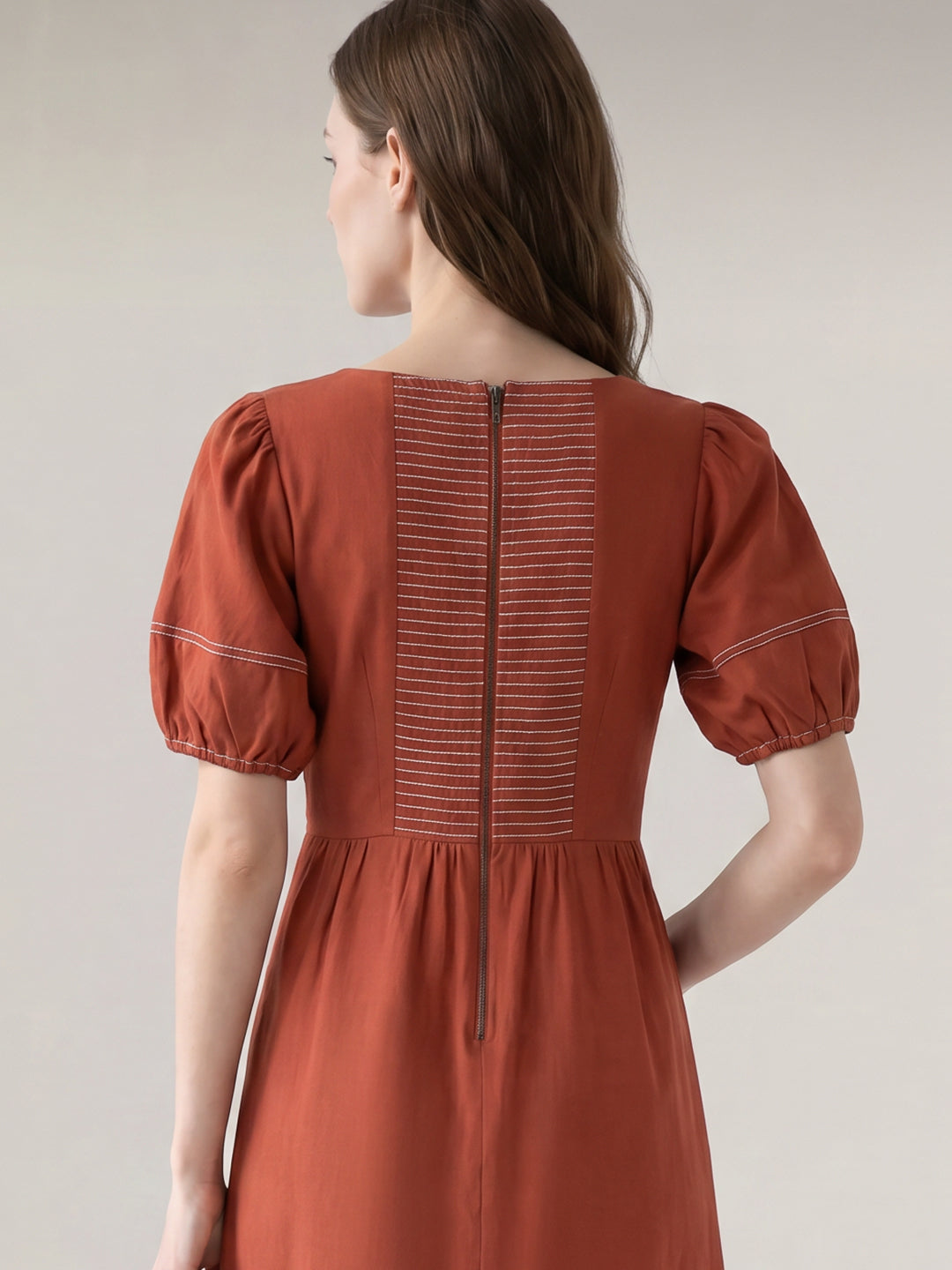 Rust Contrast Stitch Midi Dress