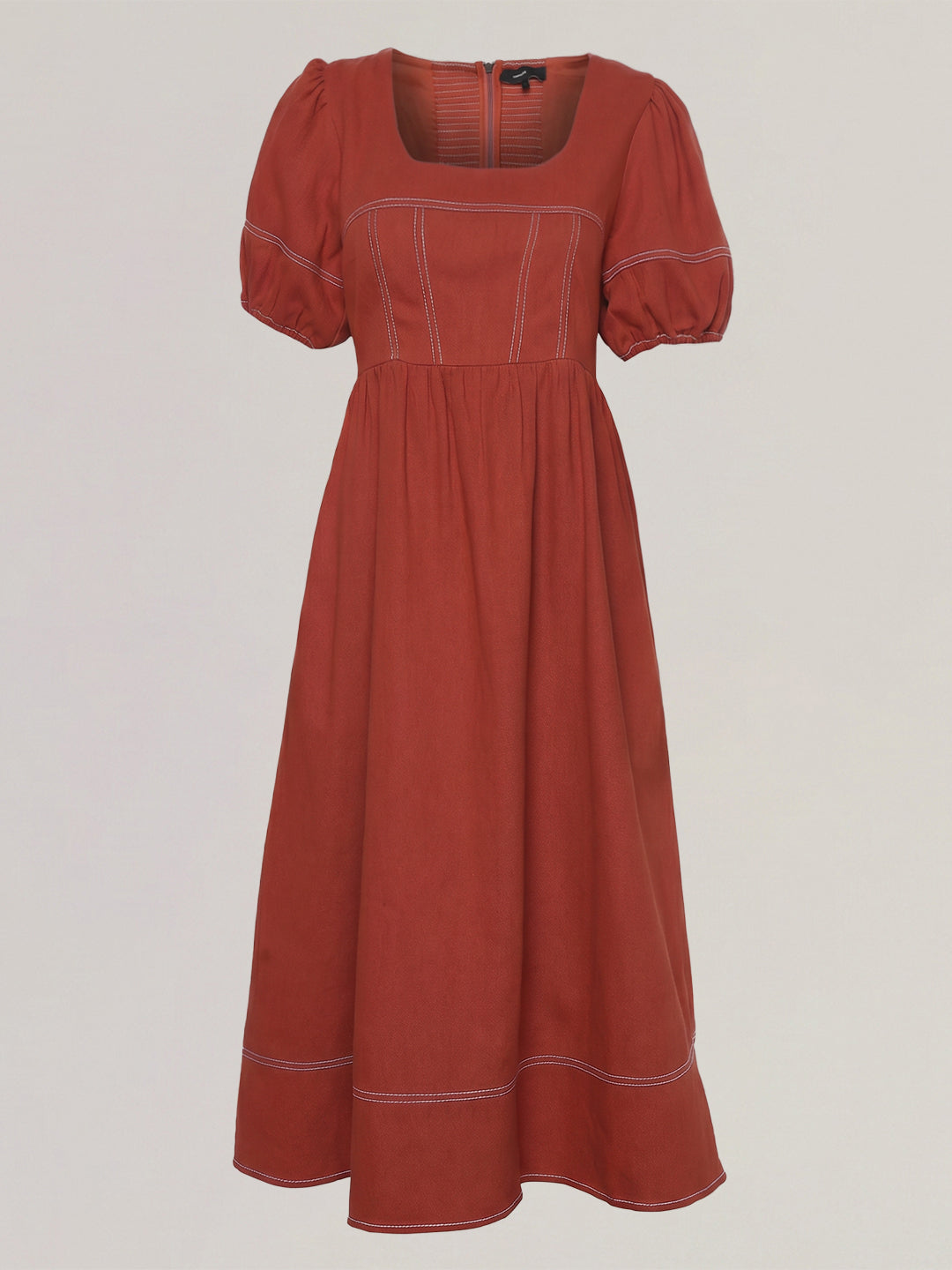 Rust Contrast Stitch Midi Dress
